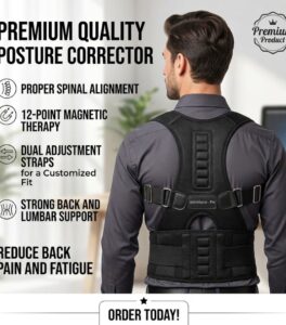 Premium posture corrector belt for back pain relief with 12-point magnetic therapy and adjustable straps.