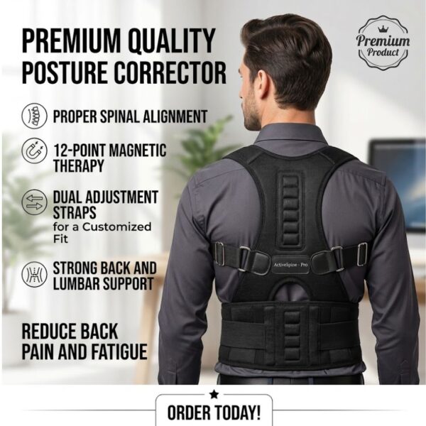 Premium posture corrector belt for back pain relief with 12-point magnetic therapy and adjustable straps.